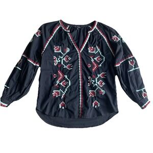 Rd‎ & Koko Womens Embroidered Tunic Top XS Black Red Aqua Peasant Boho Southwest